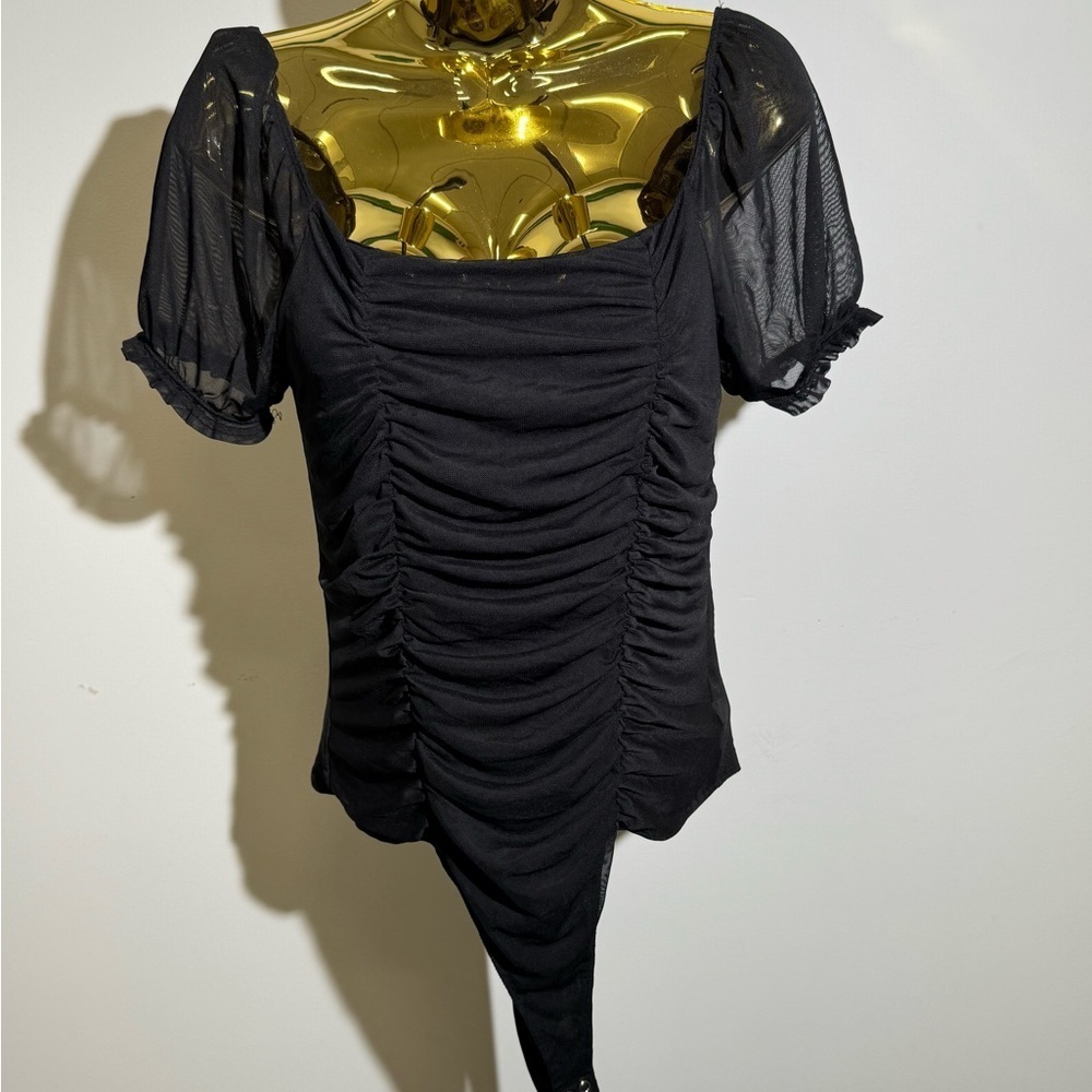 Liz & Sara Black Ruched Mesh Puff Sleeve Bodysuit Large